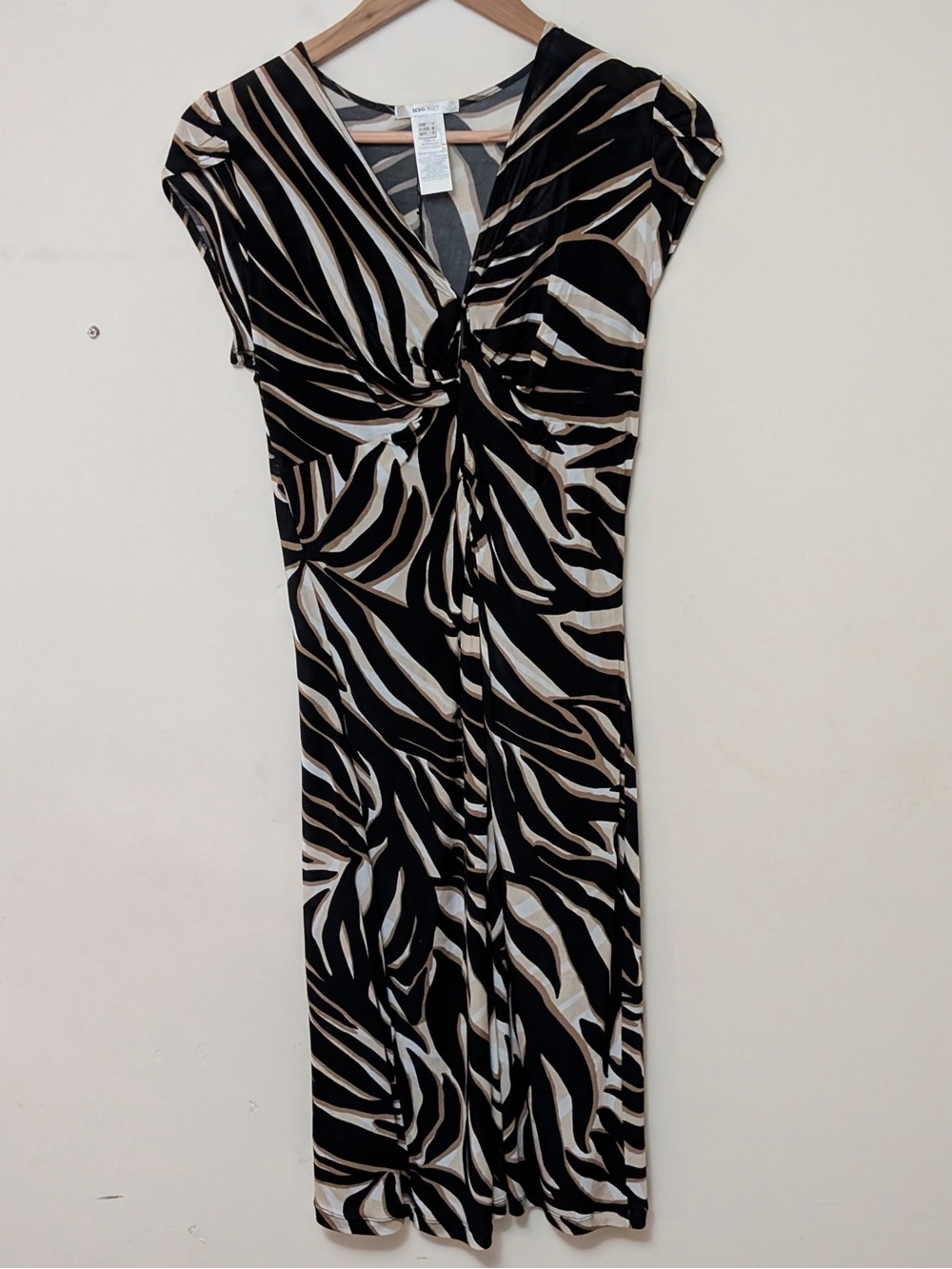 Mango Black, Cream & Tan Striped V-Neck Dress